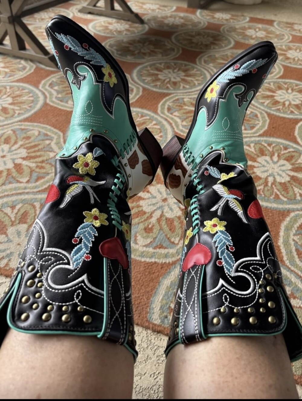 Turquoise & Black Embroidered Western Cowgirl Boots By Scaoruki - Picture 10 of 10
